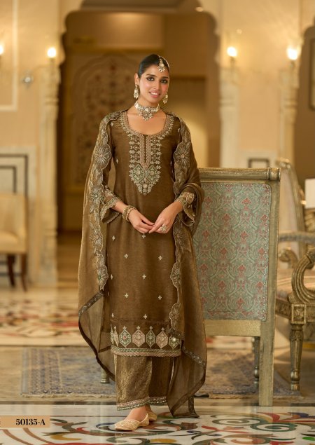 Brown Colour D 50135 By Zaveri Crush Satin Readymade Suits